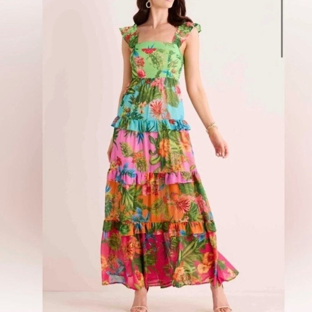 Avara Ivy Floral Tiered Maxi Dress Small Tropical Hawaiian Resort Smocked Back - Picture 2 of 13